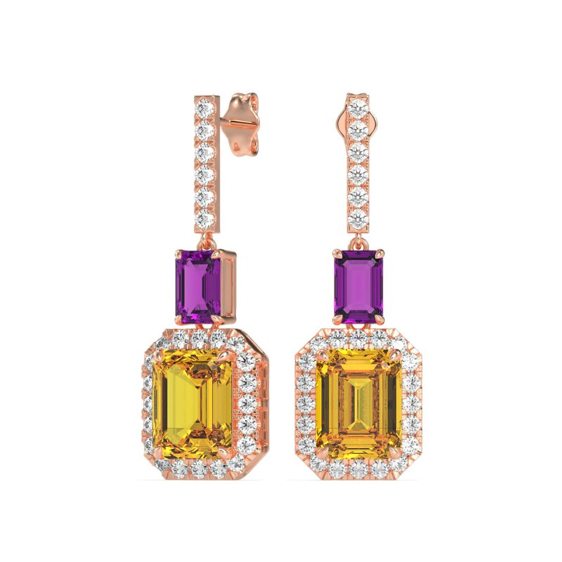 Emerald Cut Halo Dangle Earrings