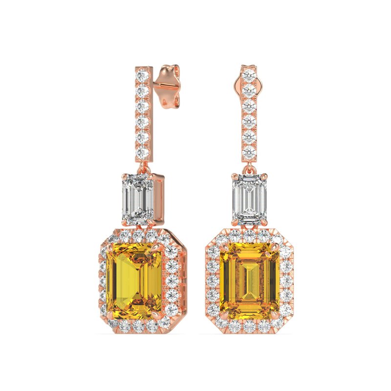 Emerald Cut Halo Dangle Earrings