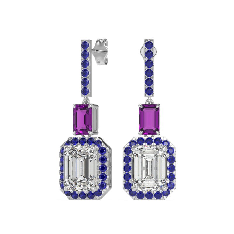 Emerald Cut Halo Dangle Earrings