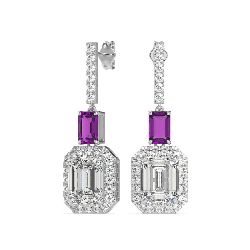Emerald Cut Halo Dangle Earrings