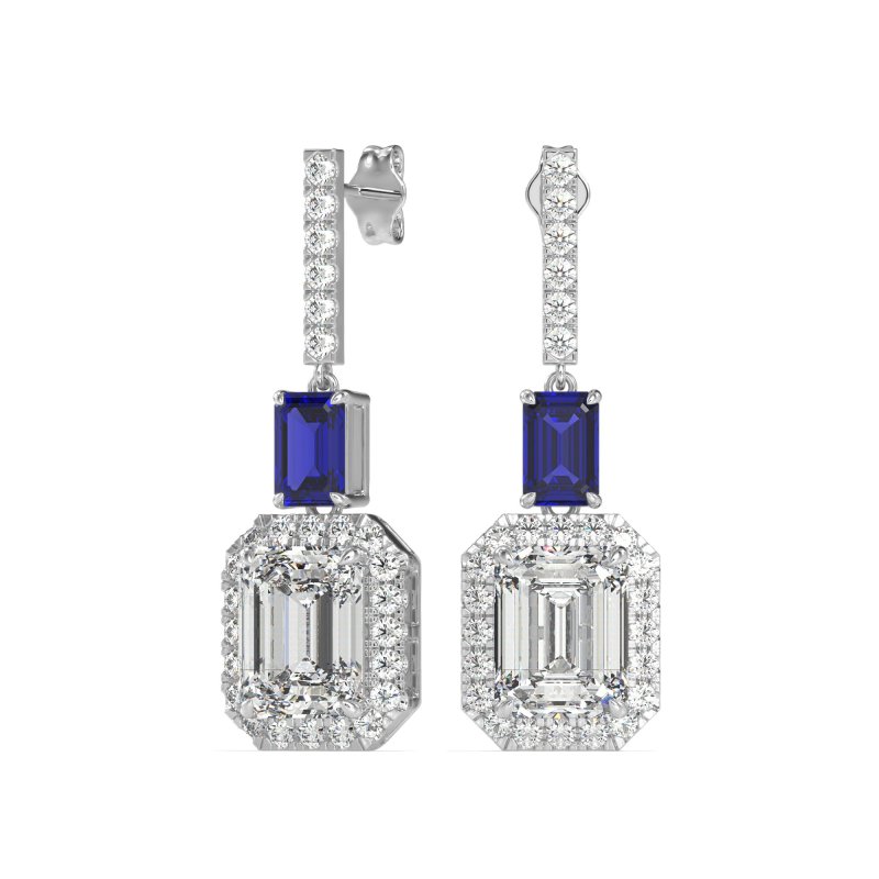 Emerald Cut Halo Dangle Earrings