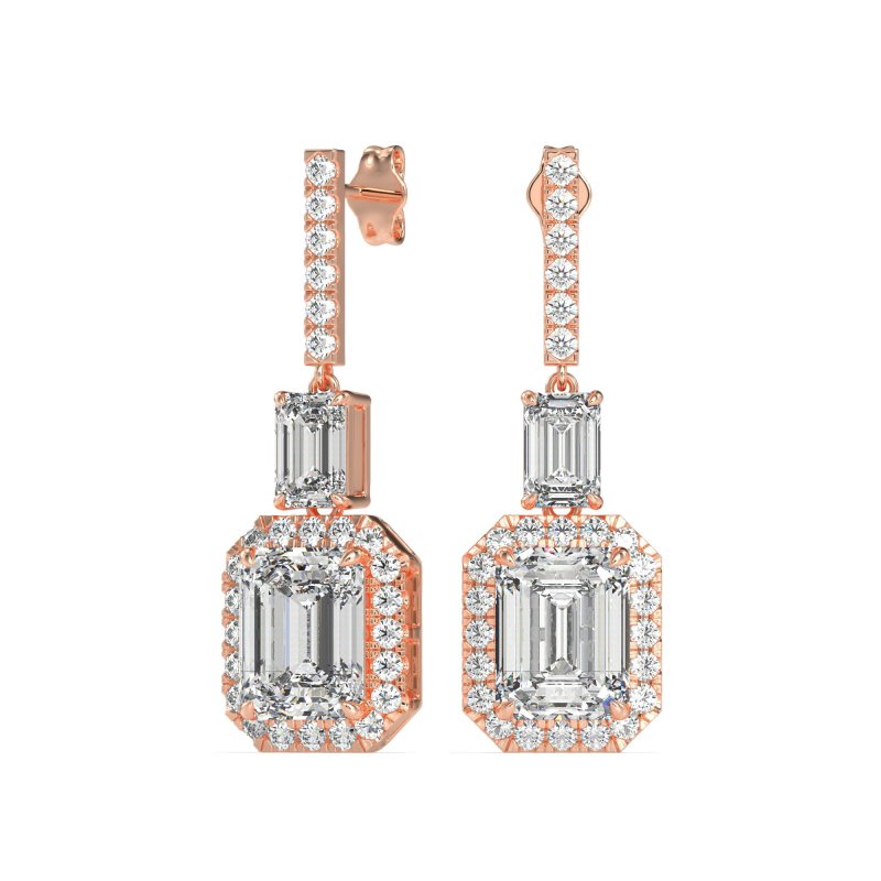 Emerald Cut Halo Dangle Earrings