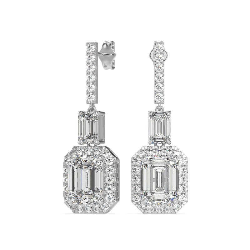 Emerald Cut Halo Dangle Earrings
