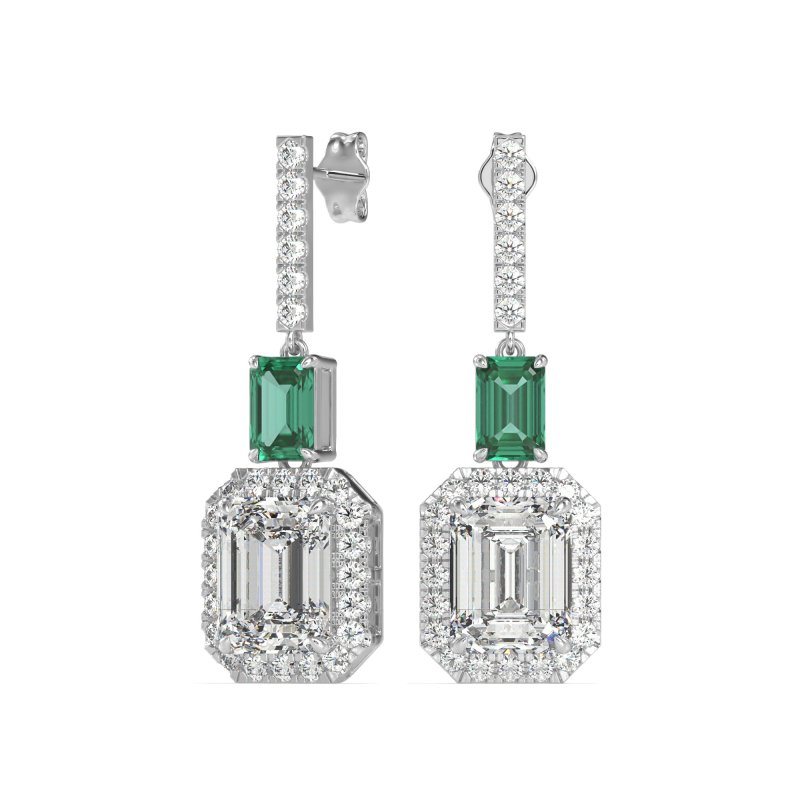 Emerald Cut Halo Dangle Earrings
