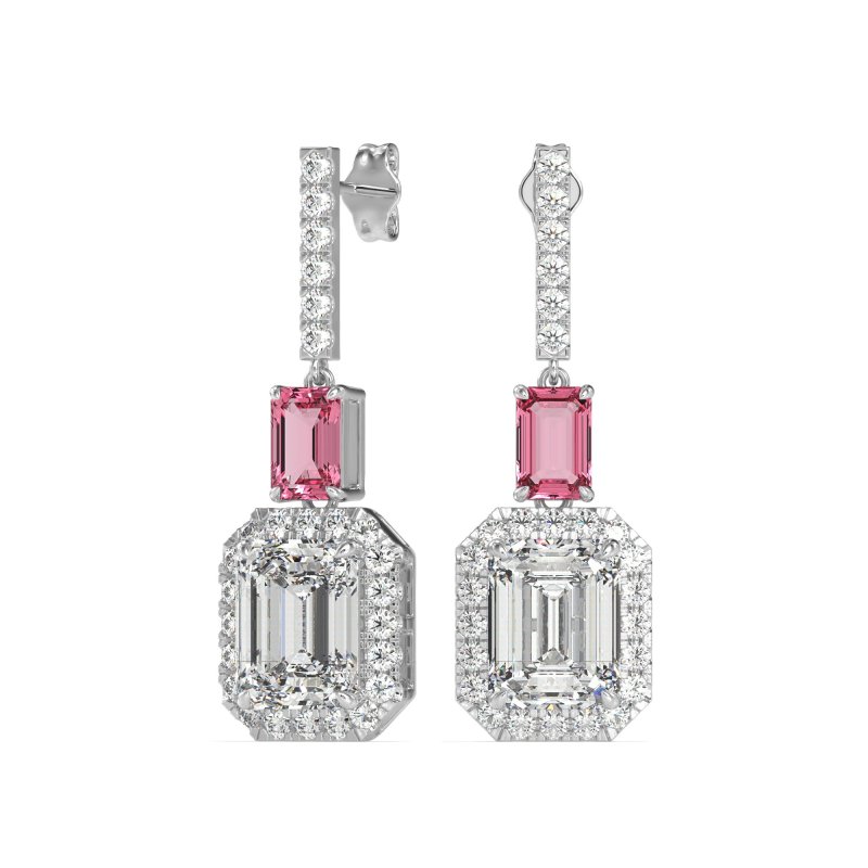 Emerald Cut Halo Dangle Earrings