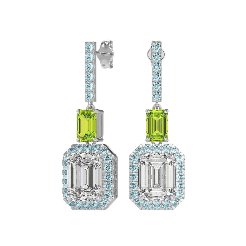 Emerald Cut Halo Dangle Earrings