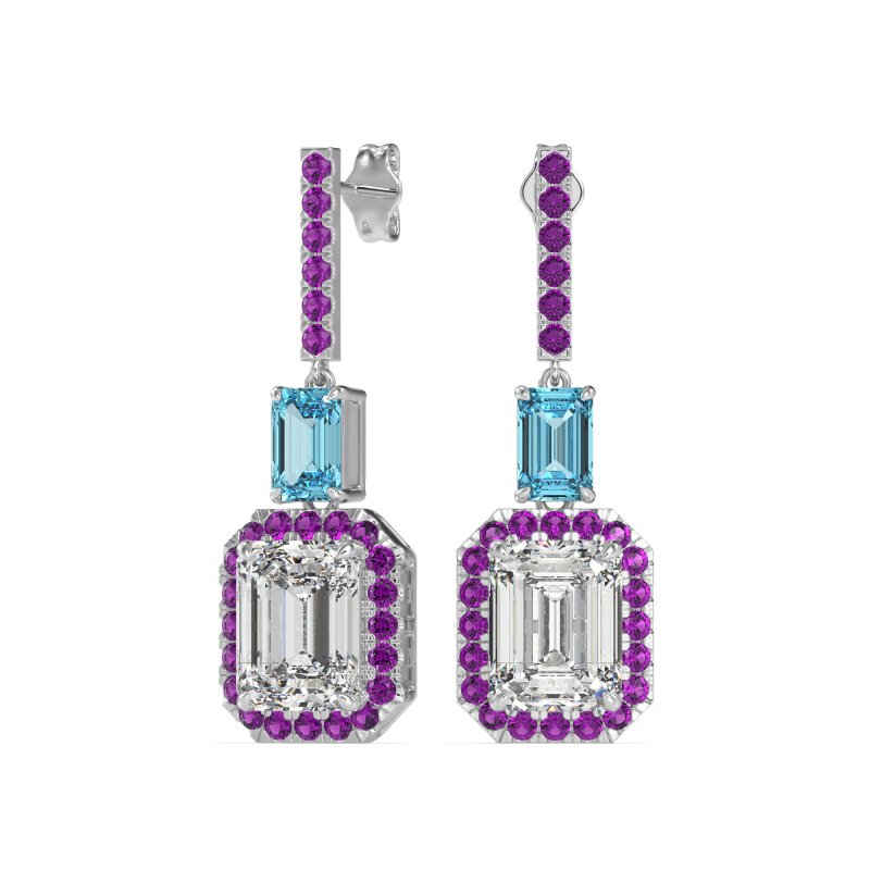 Emerald Cut Halo Dangle Earrings