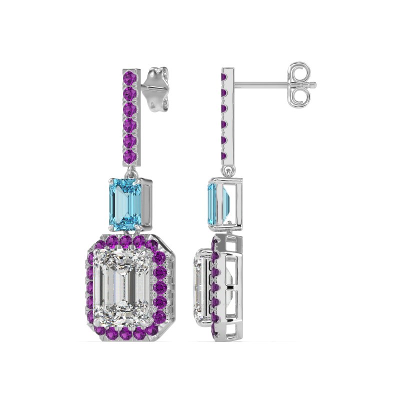 Emerald Cut Halo Dangle Earrings