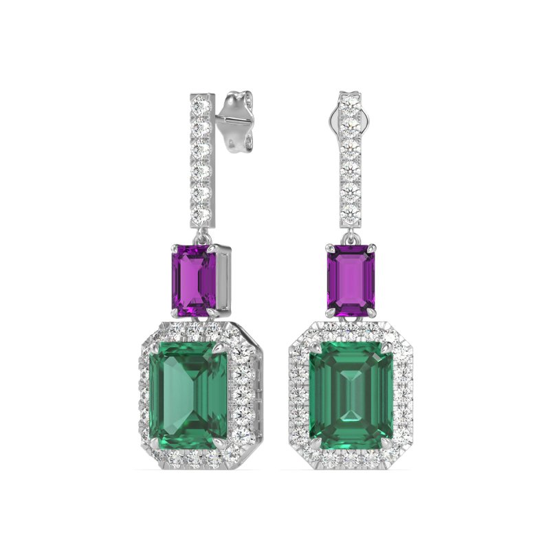 Emerald Cut Halo Dangle Earrings