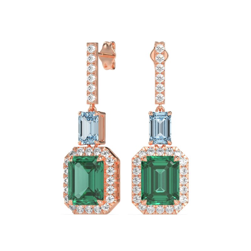 Emerald Cut Halo Dangle Earrings