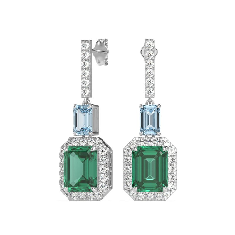 Emerald Cut Halo Dangle Earrings