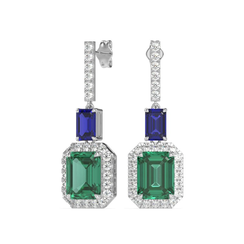 Emerald Cut Halo Dangle Earrings