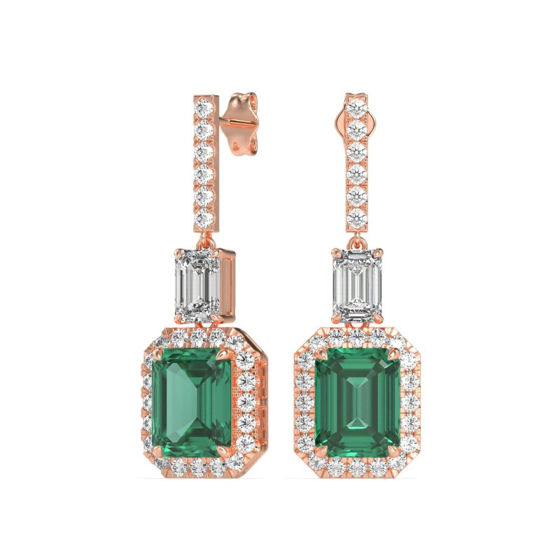 Emerald Cut Halo Dangle Earrings