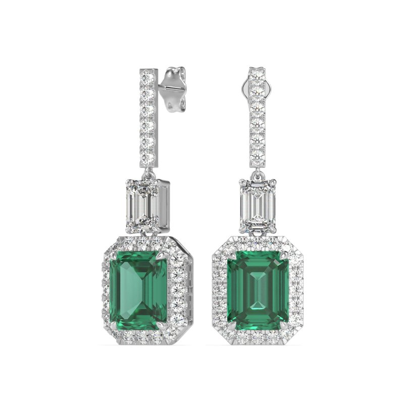 Emerald Cut Halo Dangle Earrings