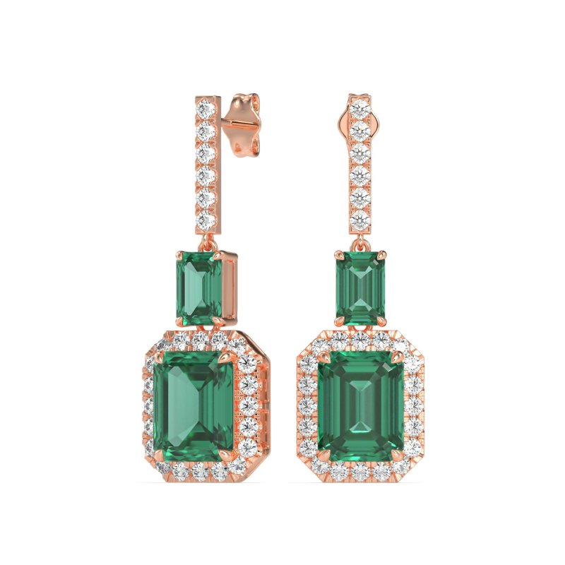 Emerald Cut Halo Dangle Earrings