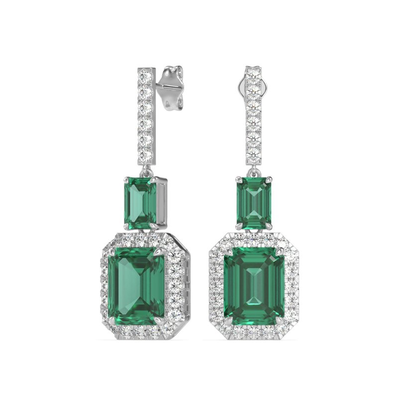 Emerald Cut Halo Dangle Earrings