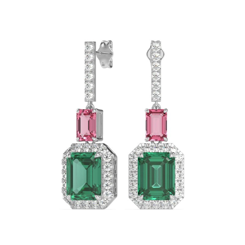 Emerald Cut Halo Dangle Earrings