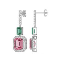 Emerald Cut Halo Dangle Earrings