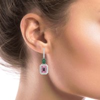 Emerald Cut Halo Dangle Earrings