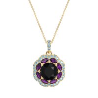 Black Onyx Flower Marquise Halo Necklace With Amethyst And Aquamarine In 14k Yellow Gold – Ahisma Necklace