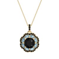 Black Onyx Flower Marquise Halo Necklace With Aquamarine In 14k Yellow Gold – Ahisma Necklace
