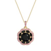 Black Onyx Flower Marquise Halo Necklace With Pink Tourmaline In 14k Yellow Gold – Ahisma Necklace