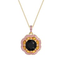 Black Onyx Flower Marquise Halo Necklace With Citrine And Pink Tourmaline In 14k Yellow Gold – Ahisma Necklace