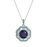 Blue Sapphire Flower Marquise Halo Necklace With Diamond And Emerald In Palladium – Ahisma Necklace